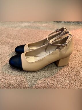 Soda Beige Shoes with Black Cap-Toe Block Heel and Ankle Strap